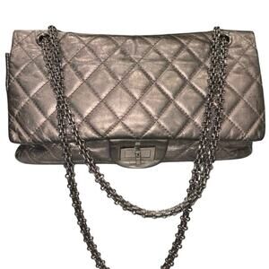 Chanel Reissue 2.25 227 Metallic Pewter Crinkle Lambskin Double Flap Bag COA